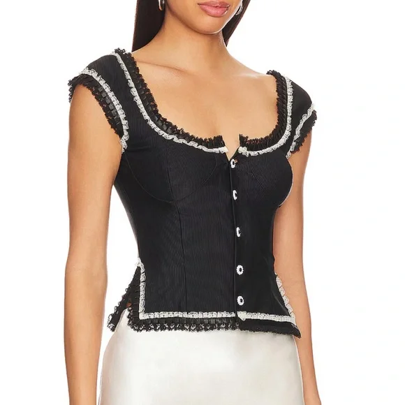 Black Ruffle-Trim Button Front Women's Top - Picture 2 of 3